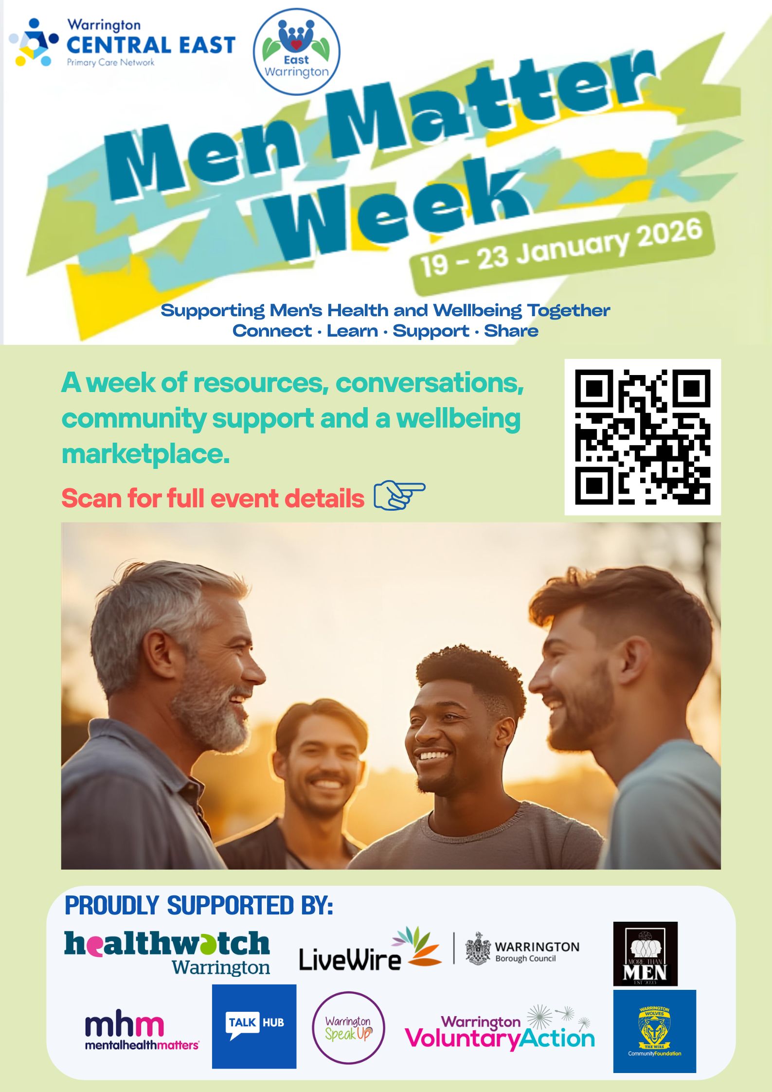 Supporting Men's Health and Wellbeing Together  Connect • Learn • Support • Share  A week of resources, conversations, community support and a wellbeing marketplace. This initiative is organized by Warrington Central East Primary Care Network and East Warrington.